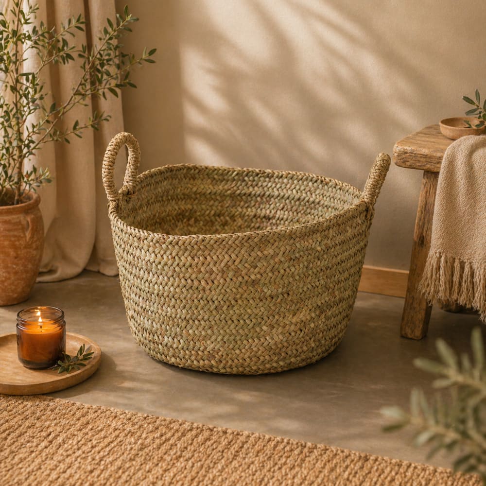 Panier rond bas xl feuille de palmier naturel 60 x 60