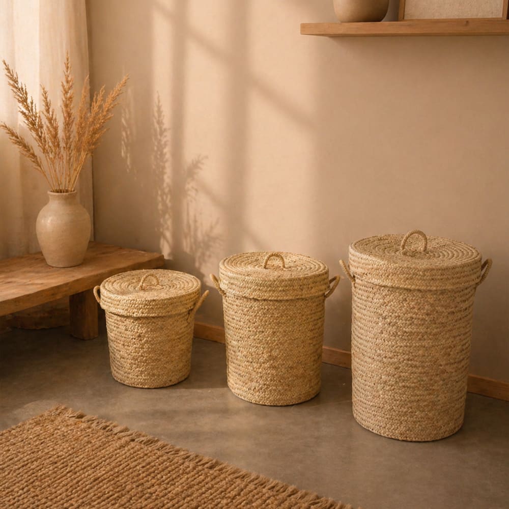 Panier chevron avec couvercle et anse feuille de palmier naturel 45 x