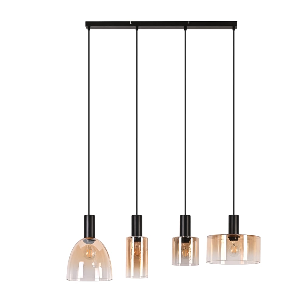 Suspension en fer et verre, noir mat et ambré, h.180.5cm