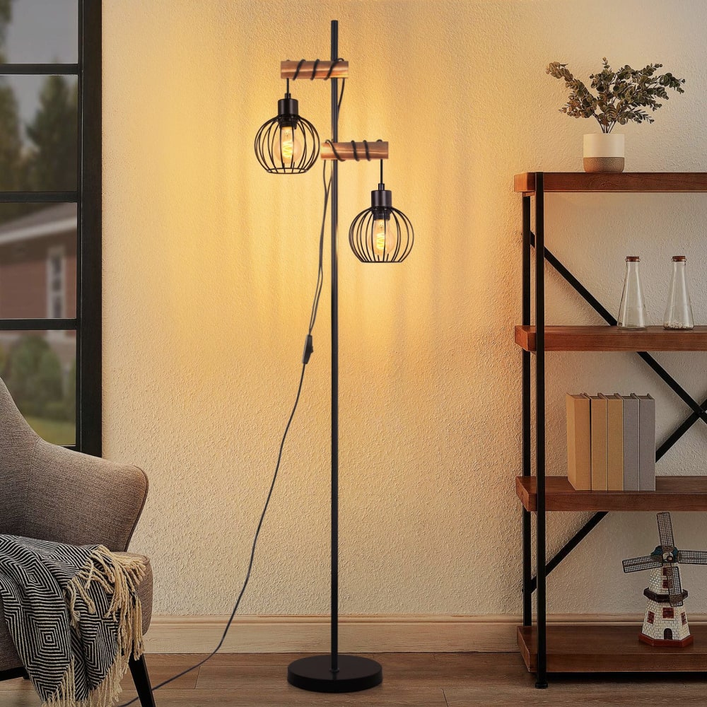 Stehlampe Eisen Holz 22x22x152cm Schwarz E27 - Maisons Du Monde