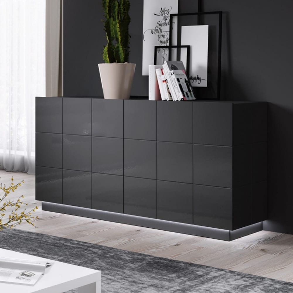 Glänzendes graues Designer-Sideboard 138 cm + LED - Maisons Du
