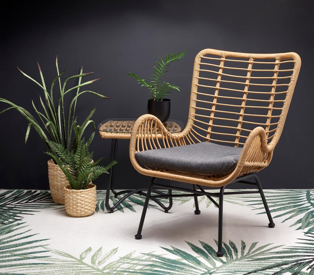 Fauteuil lounge rotin synthétique coussin gris et acier noir