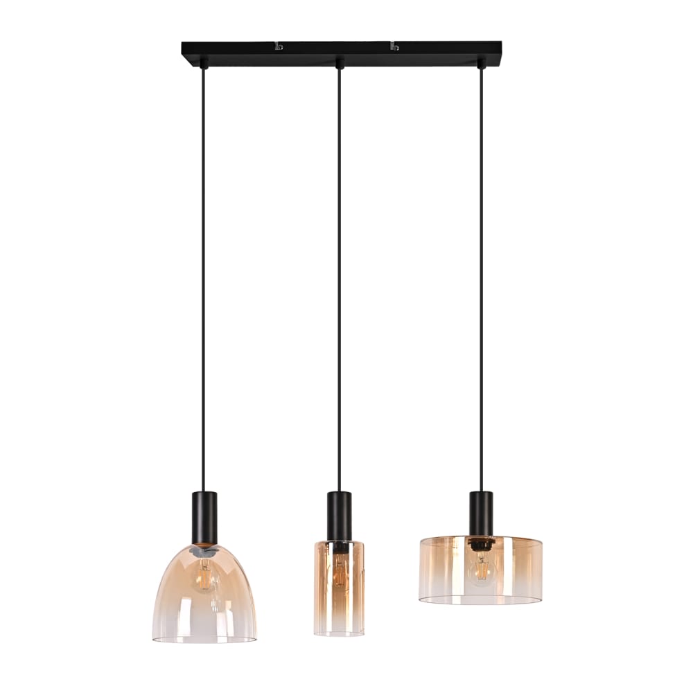 Suspension en fer et verre, noir mat et ambré, h.180.5cm