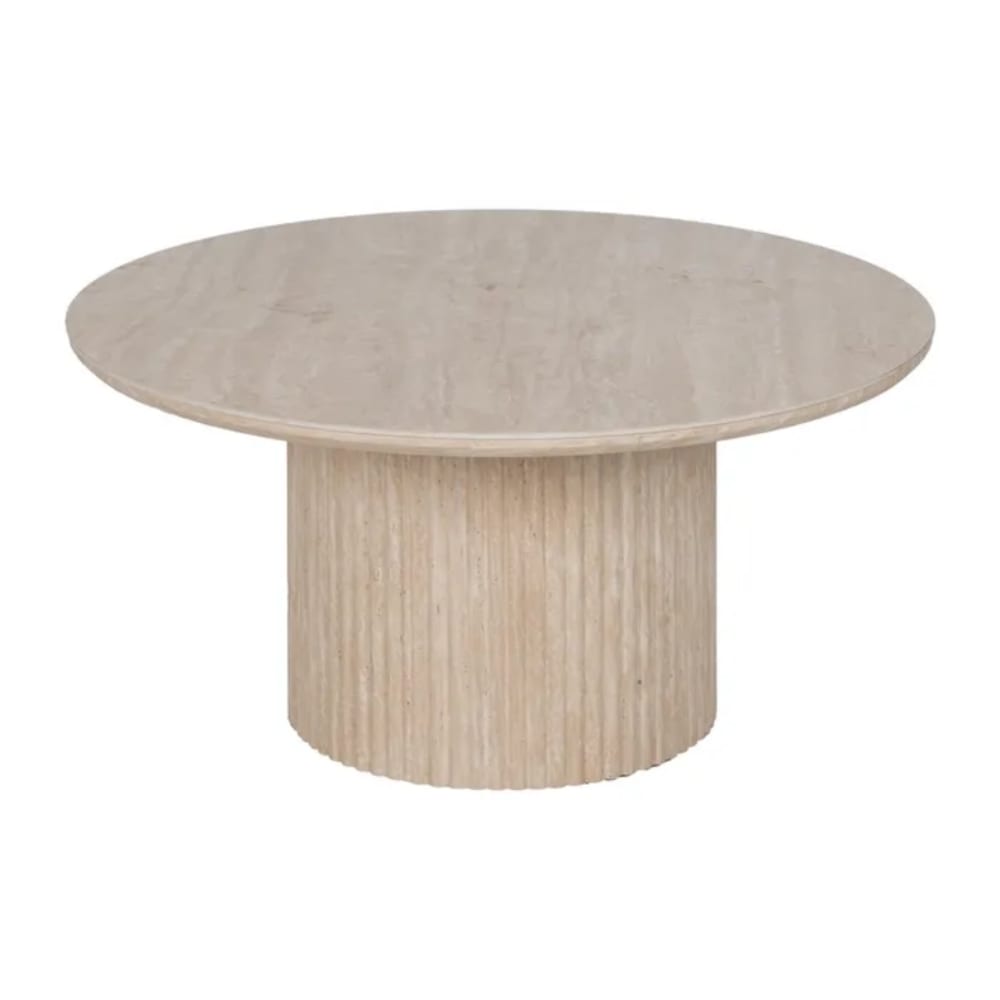 Table basse ronde pierre beige pied cannelé 90cm