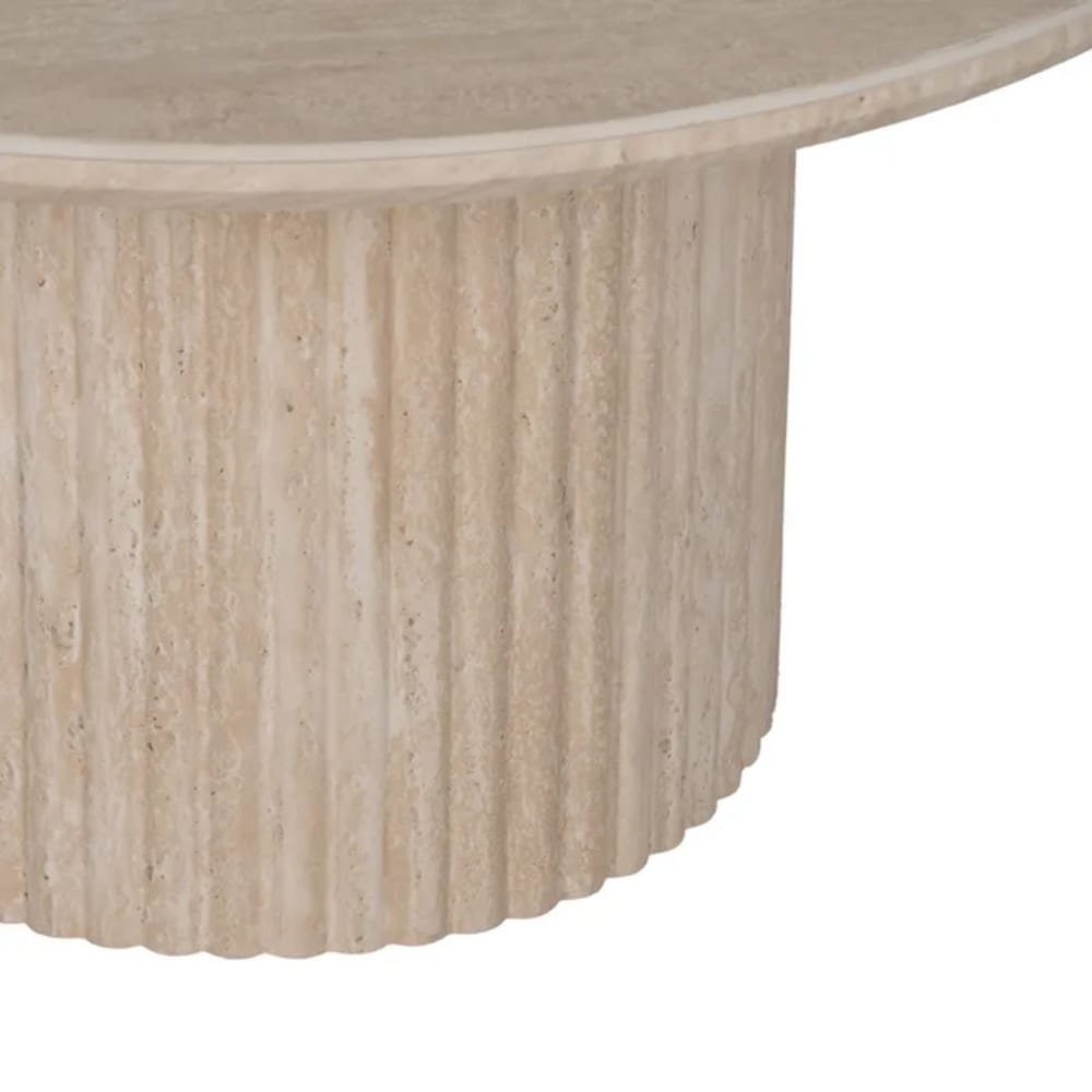 Table basse ronde pierre beige pied cannelé 90cm