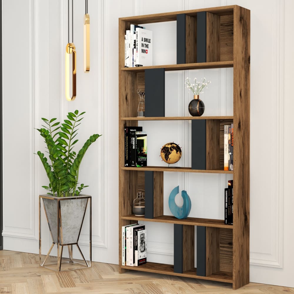 Concept Usine Bücherregal mit 5 Regalen und Walnuss- und Anthrazitgrauholz-Effekt style modern Braun Spanplatte