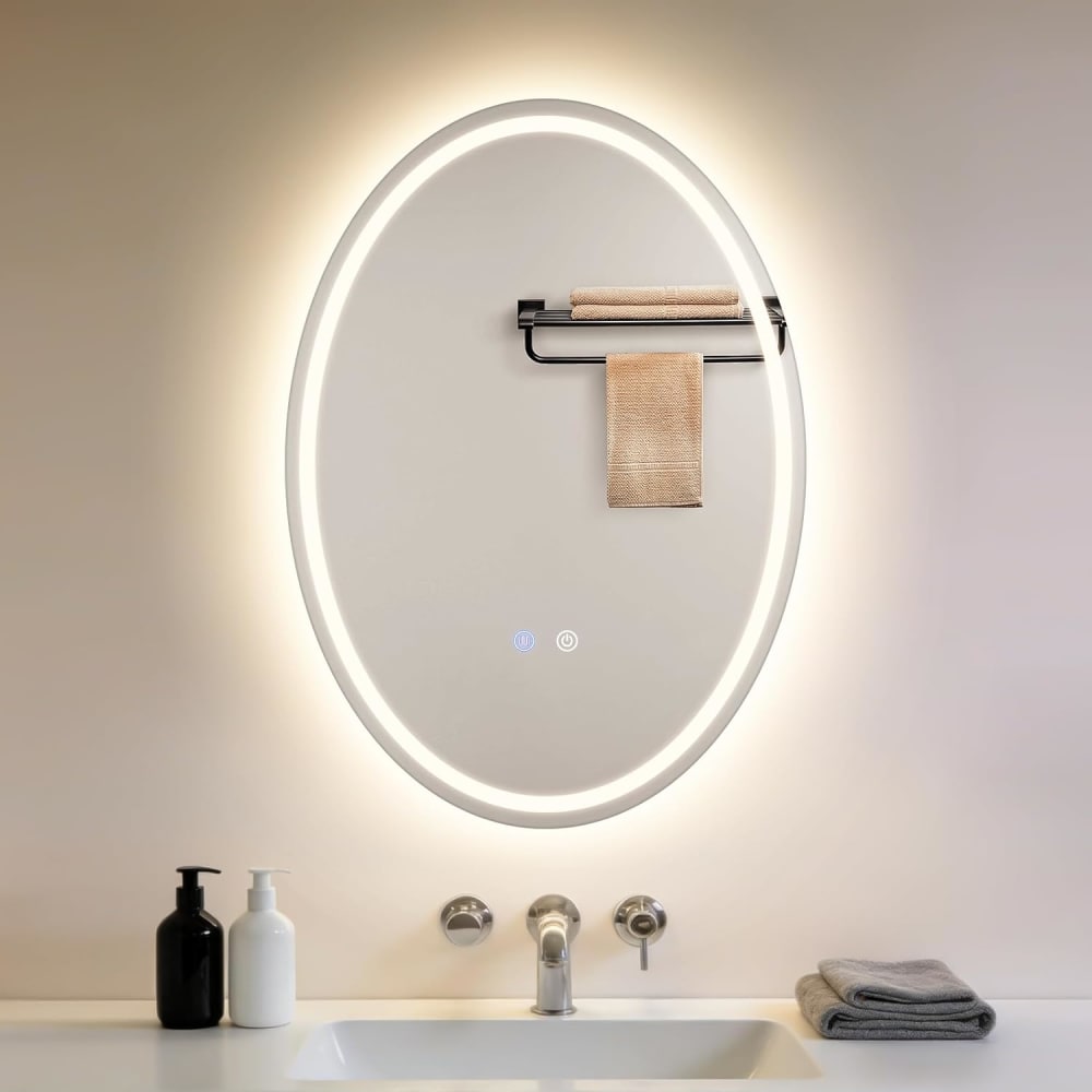 Badspiegel mit Beleuchtung Glas 50x70 cm Weiß Oval Lichtring -