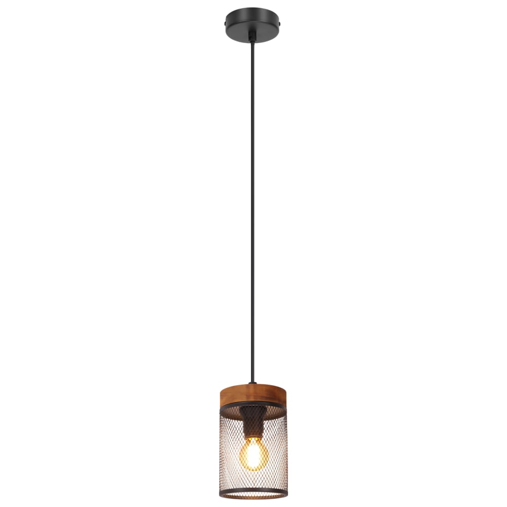 Suspension en fer et pin, noir sablé et bois brûlé, h.150cm
