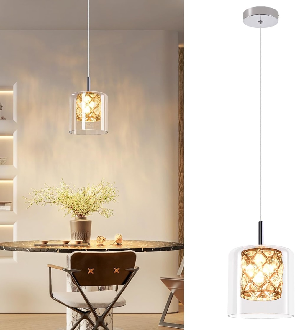 Suspension en fer et cristal, chromé, h.140cm — vue 3