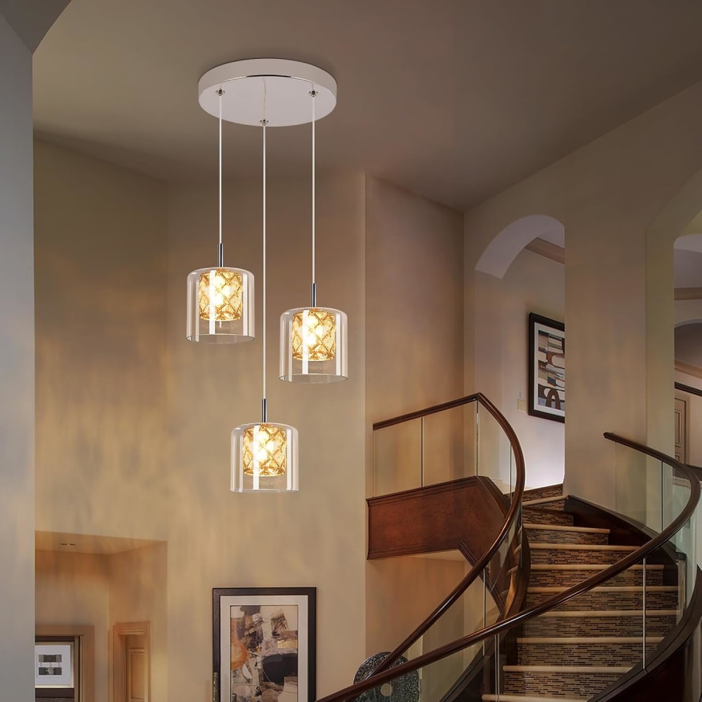 Suspension en fer et cristal, chromé, h.140cm — vue 4