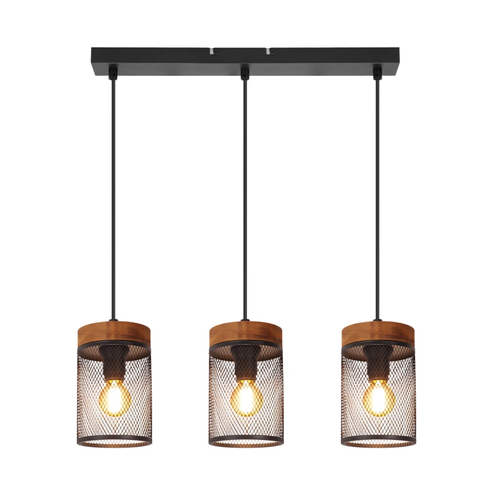 Suspension en fer et pin, noir sablé et bois brûlé, h.150cm
