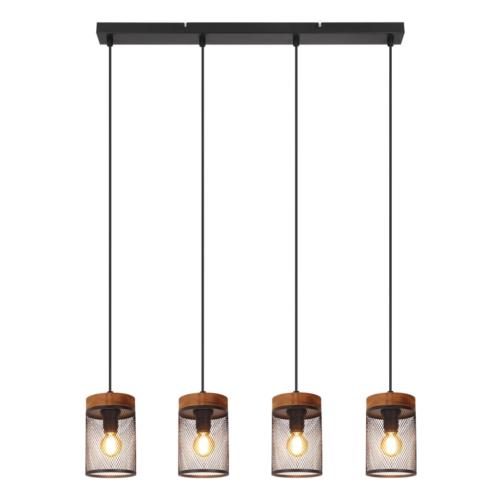 Suspension en fer et pin, noir sablé et bois brûlé, h.150cm