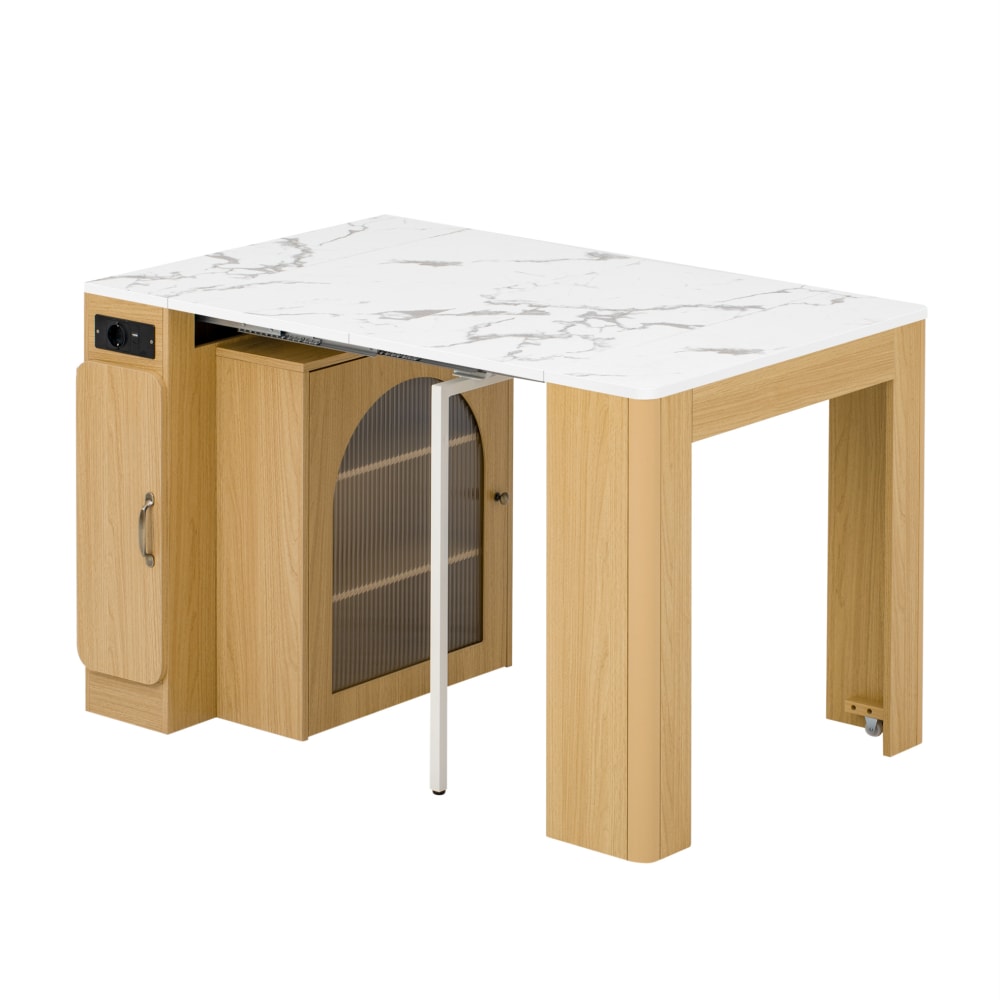 REDOM Kücheninsel aus Spanplatte-Glas mit Rollen 83x39,6-149,6x77 cm, Natur style modern Beige Spanplatte