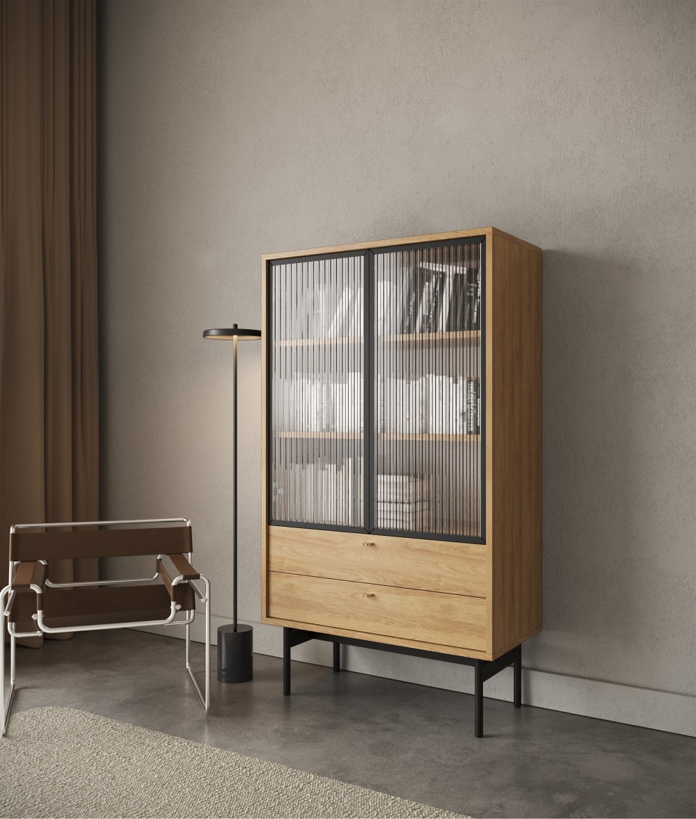 Vitrine 2 portes avec 2 tiroirs aspect bois clair 150 cm