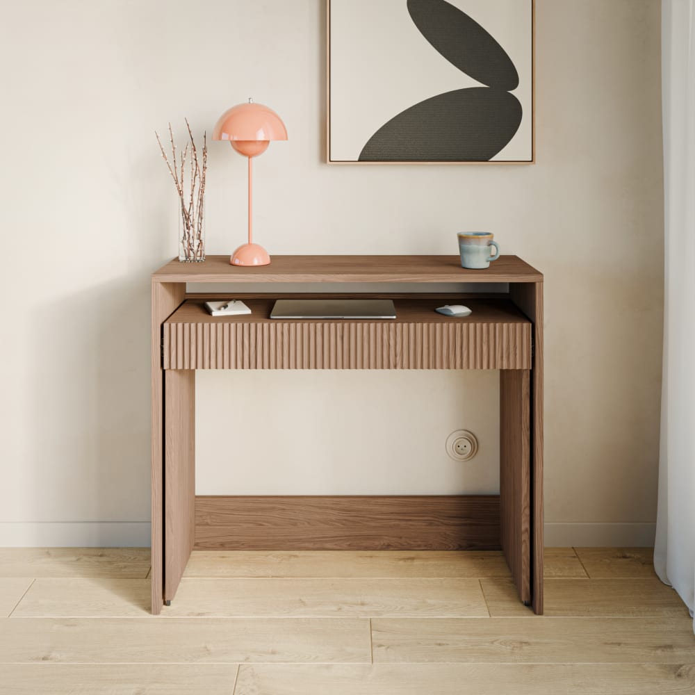 Bureau extensible avec 1 tiroir et cannelures chêne casella brun 98 cm