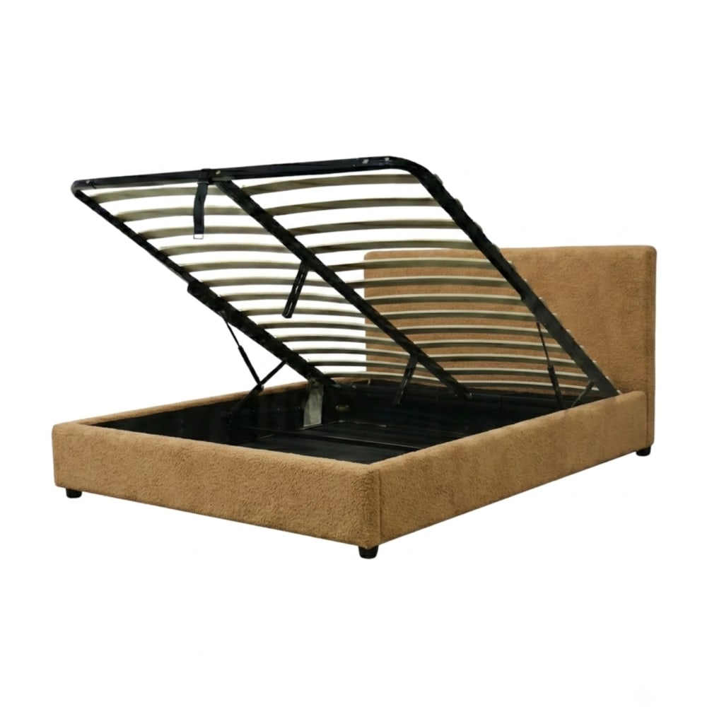 Lit coffre tissu bouclette camel 200x200cm espace de stockage