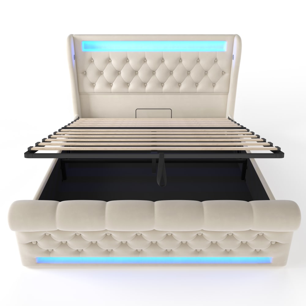 Lit tapissier double en sami beige 140x200cm
