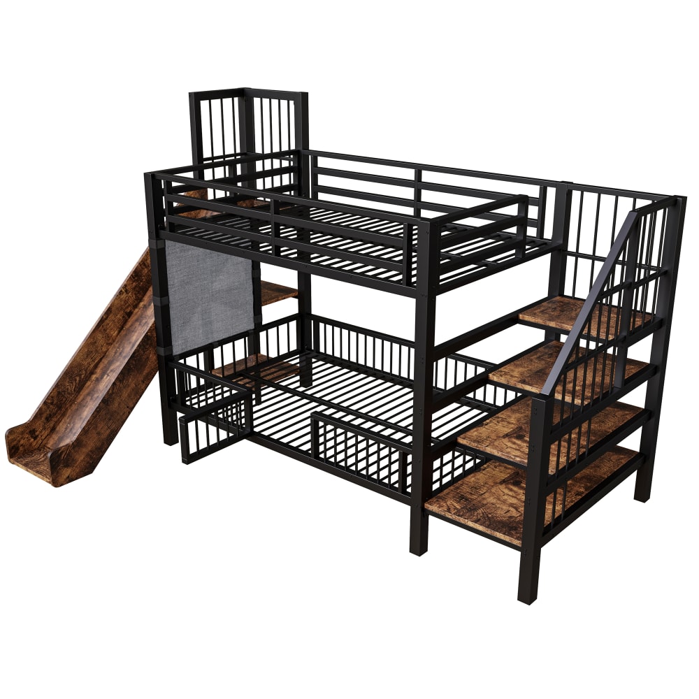 Lit superposé en métal noir toboggan escalier rangement 90x200cm