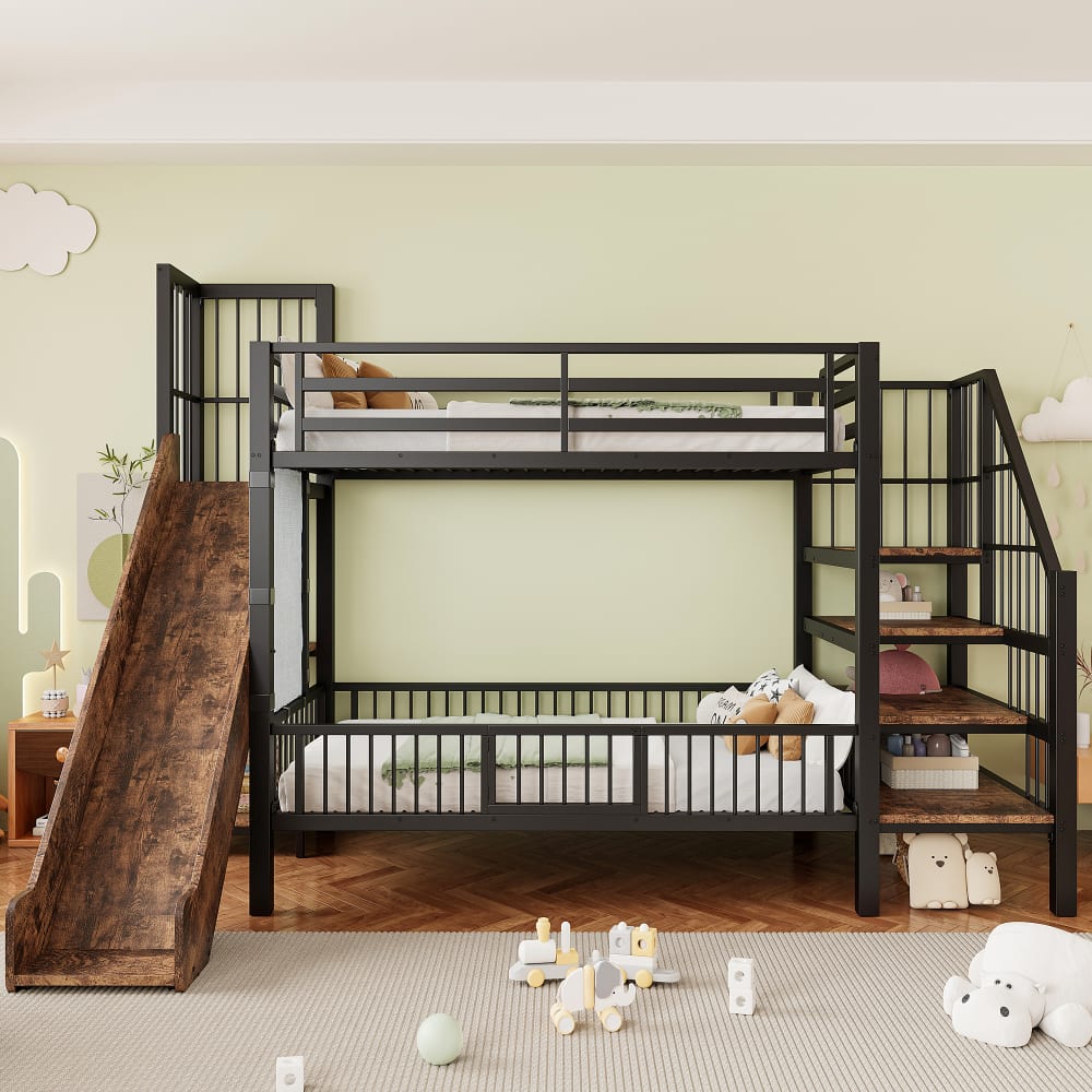Lit superposé en métal noir toboggan escalier rangement 90x200cm