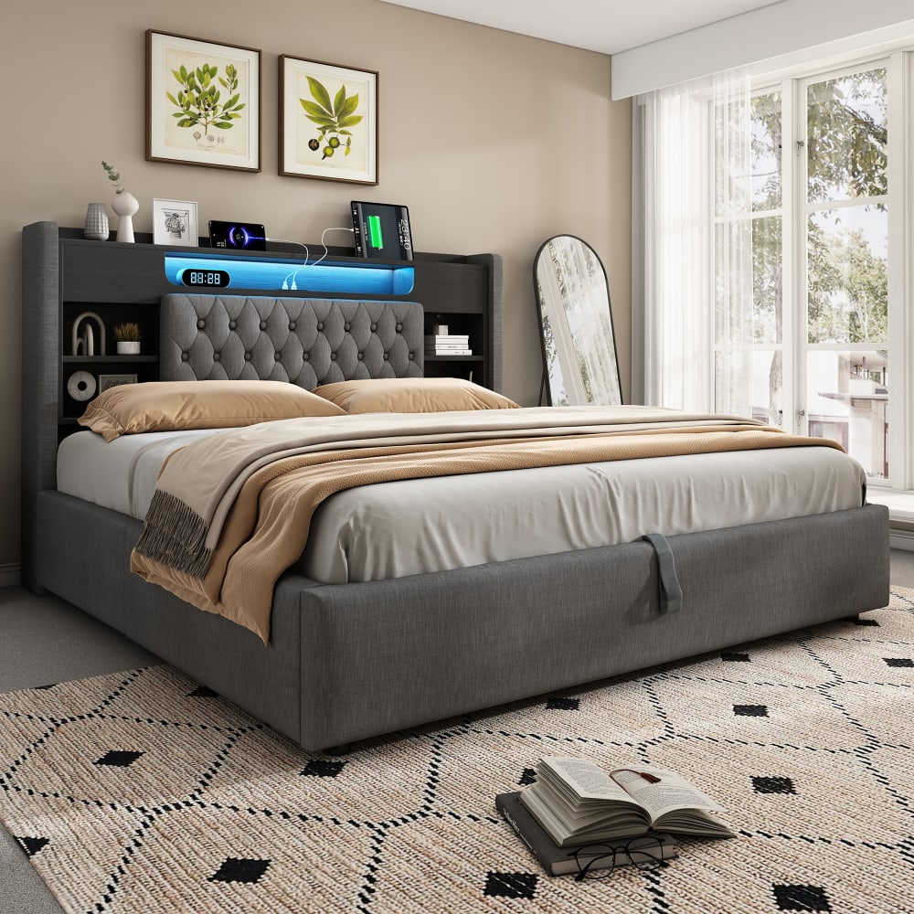Lit tapissier double en lin gris 180x200cm