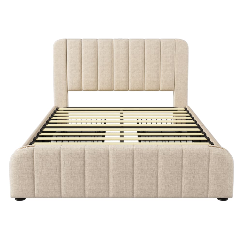 Lit tapissier double en lin beige 140x190cm