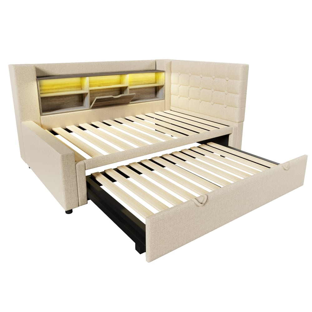 Lit tapissier en lin beige 90x200cm Lit tapissier en lin beige 90x200cm