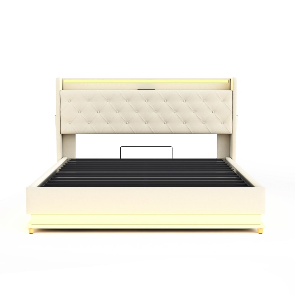 Lit tapissier double en lin beige 160x200cm