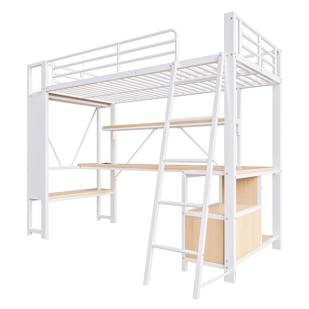 Lit mezzanine en métal blanc led bureau tableau perforé usb 90x200cm