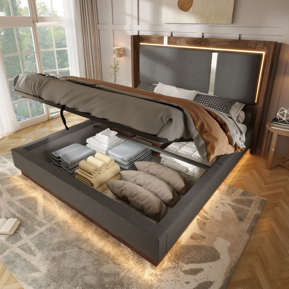 Lit tapissier double en lin gris + noyer 180x200cm