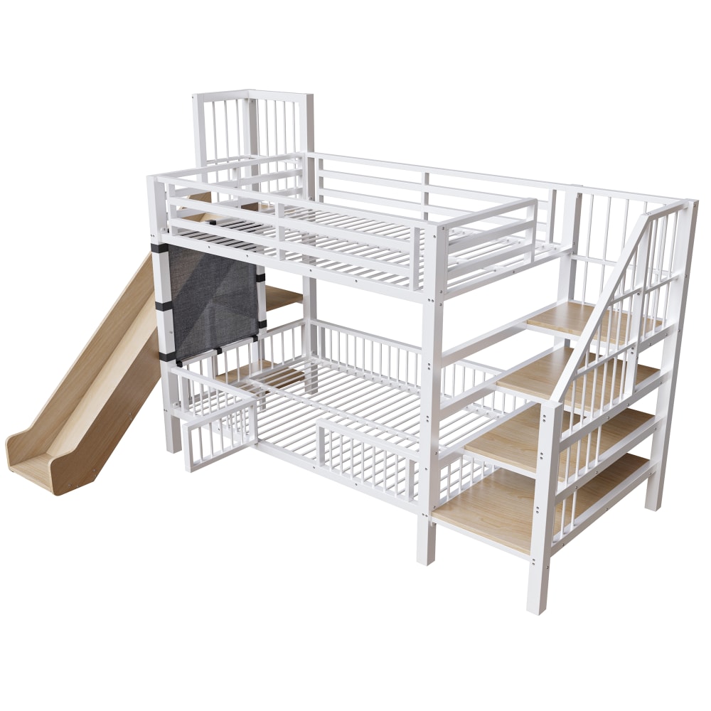 Lit superposé en métal blanc toboggan escalier rangement 90x200cm Lit superposé en métal blanc toboggan escalier rangement 90x200cm