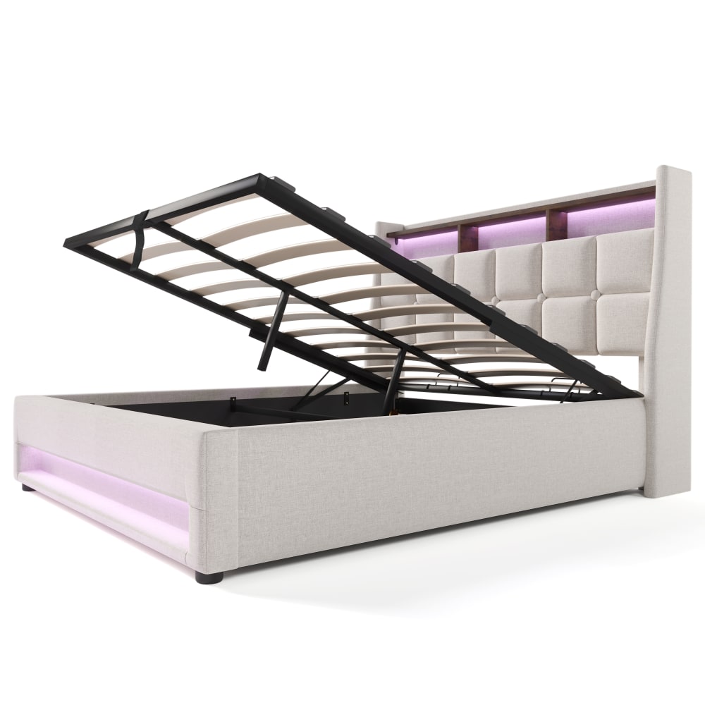 Lit tapissier double en lin beige 160x200cm Lit tapissier double en lin beige 160x200cm