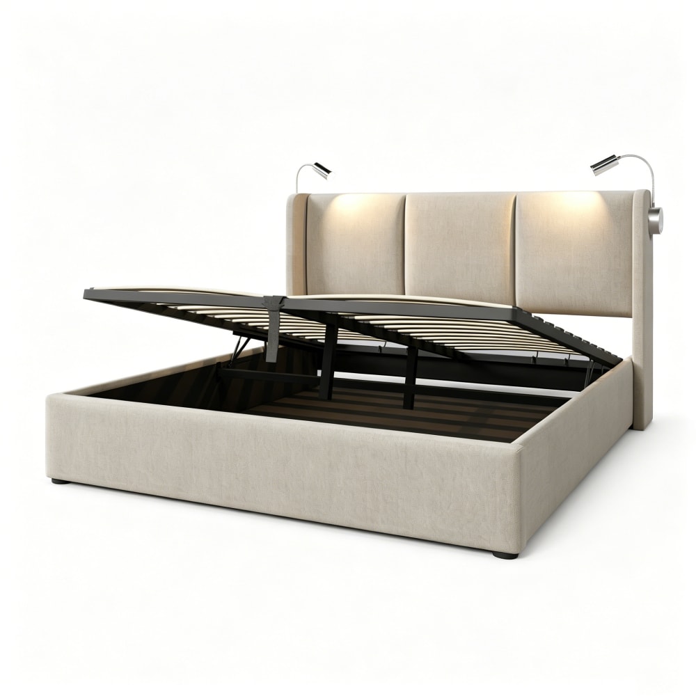 Lit tapissier double en lin beige 180x200cm Lit tapissier double en lin beige 180x200cm