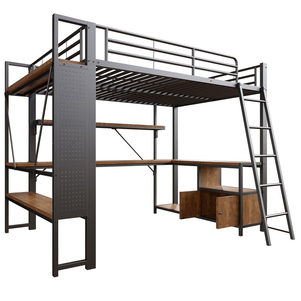 Lit mezzanine en métal noir led bureau tableau perforé usb 140x190cm Lit mezzanine en métal noir led bureau tableau perforé usb 140x190cm