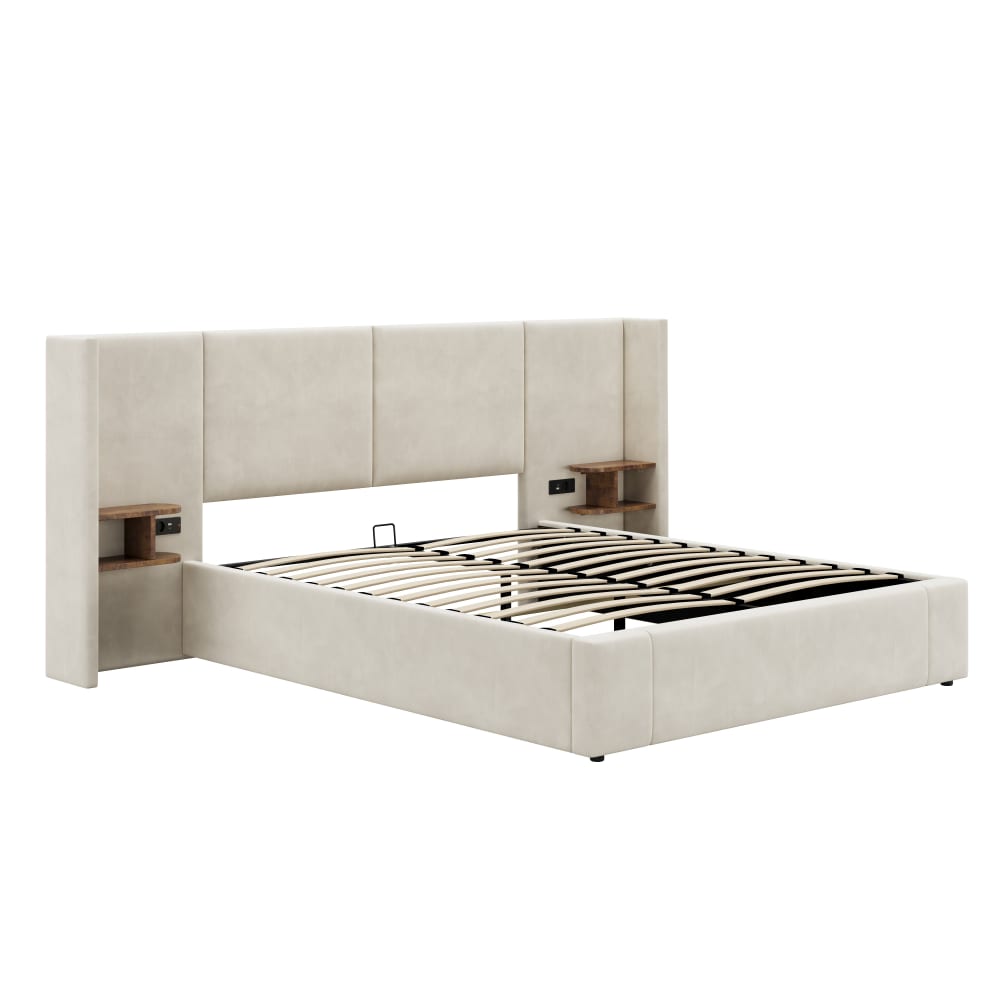 Lit tapissier en sami beige 160x200cm Lit tapissier en sami beige 160x200cm