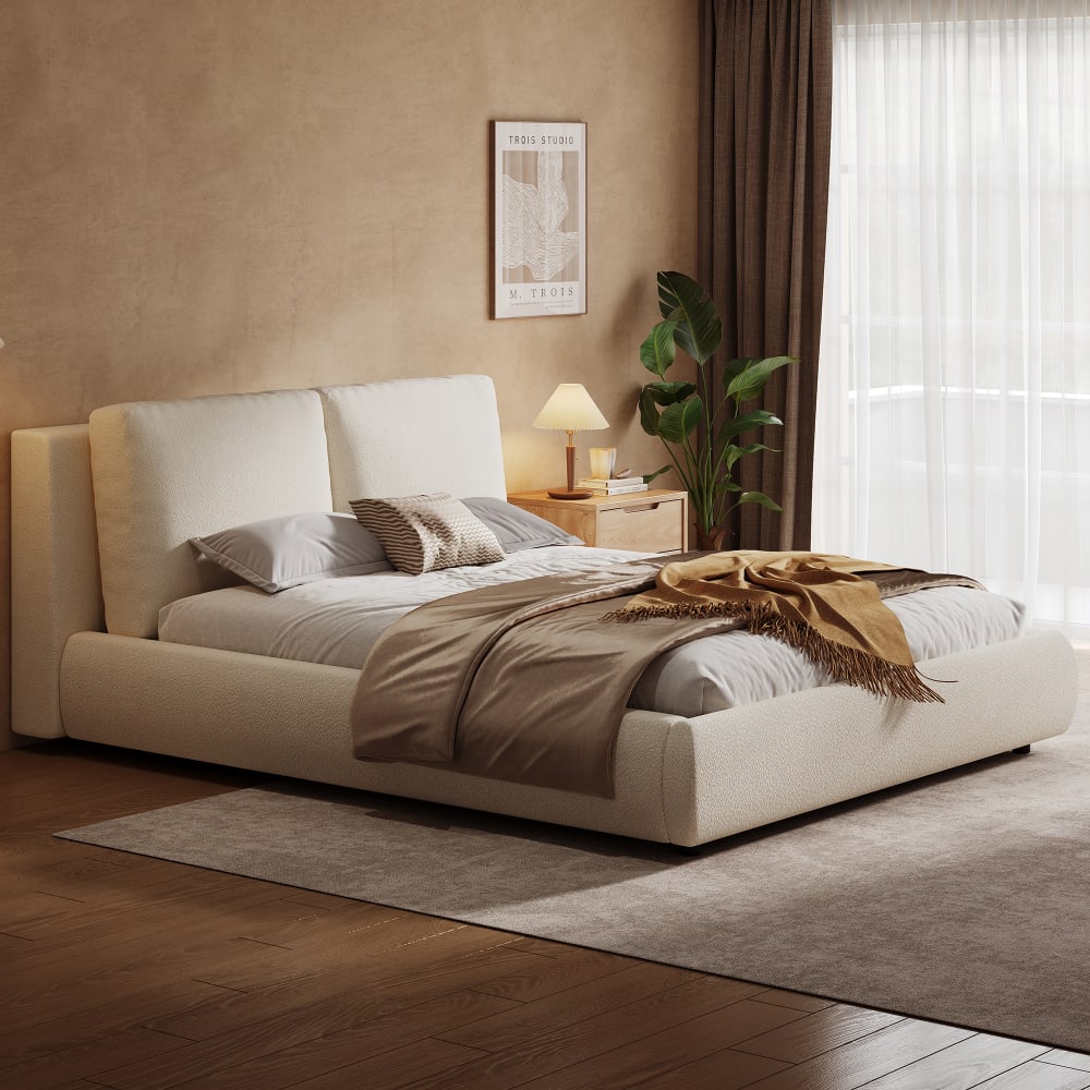 Lit tapissier double en bouclé beige 180x200cm