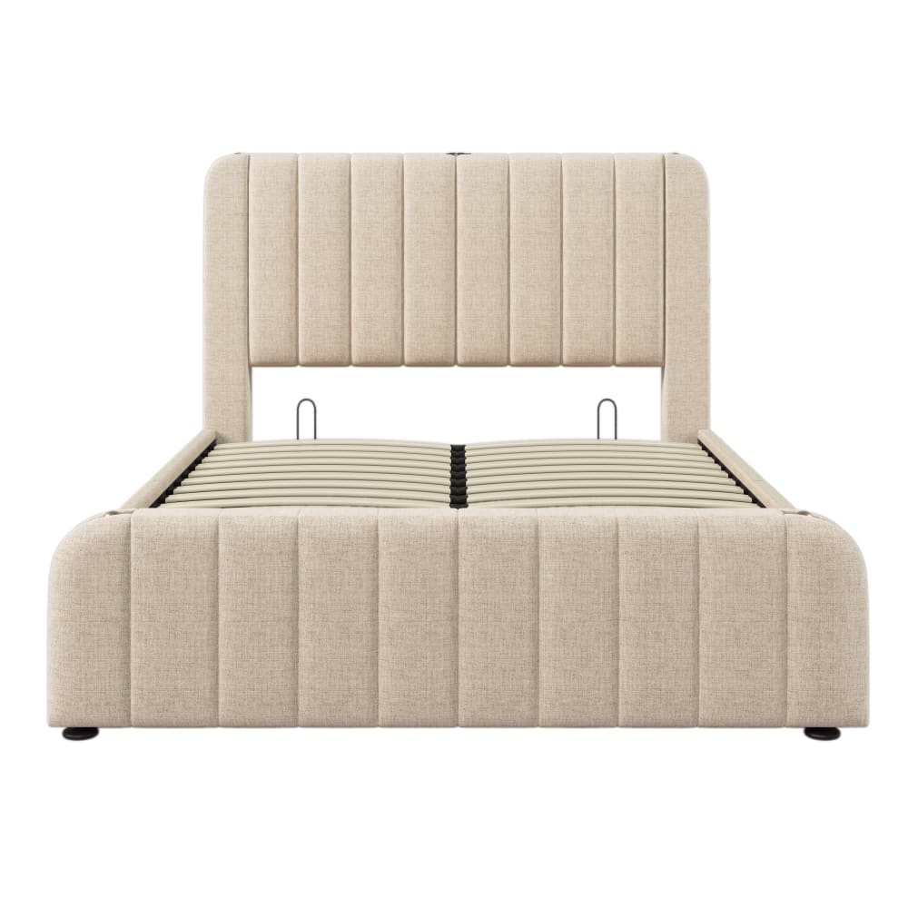 Lit tapissier double en lin beige 140x190cm