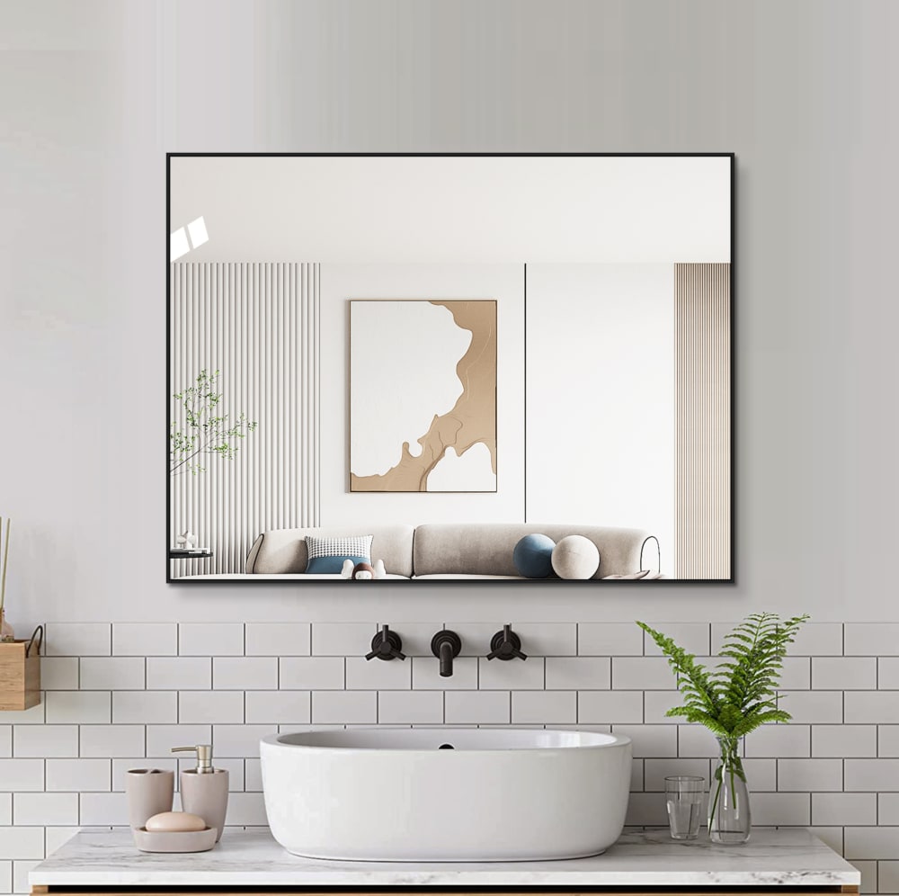 Miroir salle de bain en verre avec pose mixte noir 60x80 cm — vue 3
