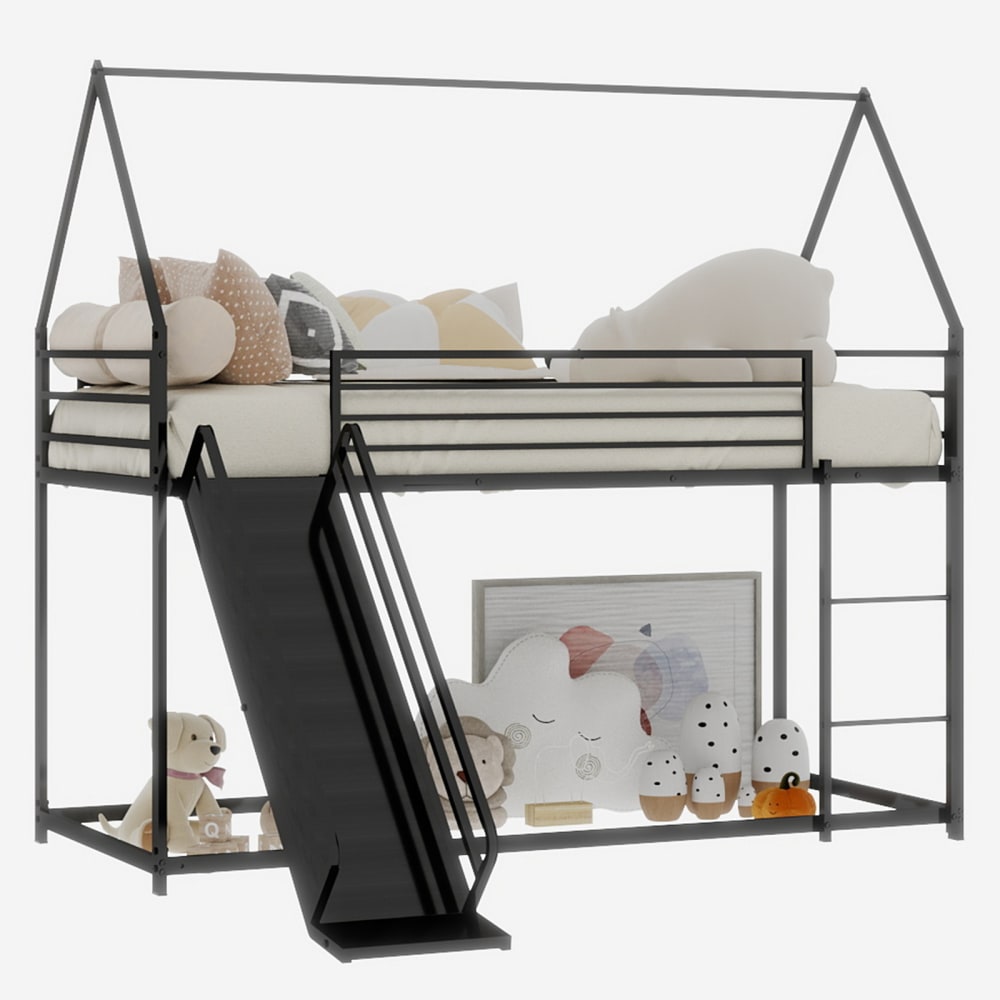 ComfortXL Etagenbett Haus mit Rutsche schwarz 90x190 cm Metall Baby