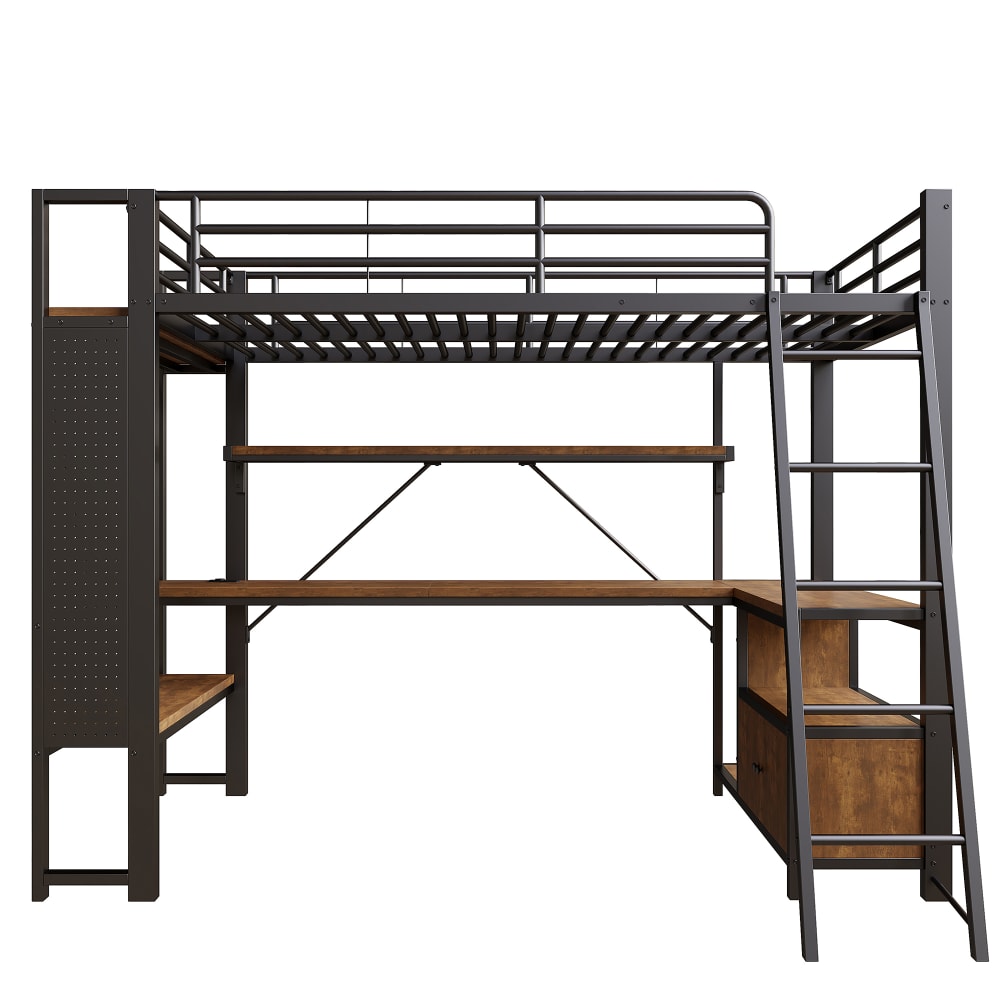 Lit mezzanine en métal noir led bureau étagères perforées usb 90x200cm