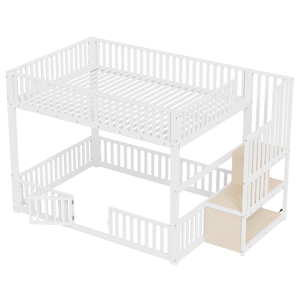 ComfortXL Niedriges Etagenbett LED mit Stauraumtreppe weiß 140x200 cm Metall Baby