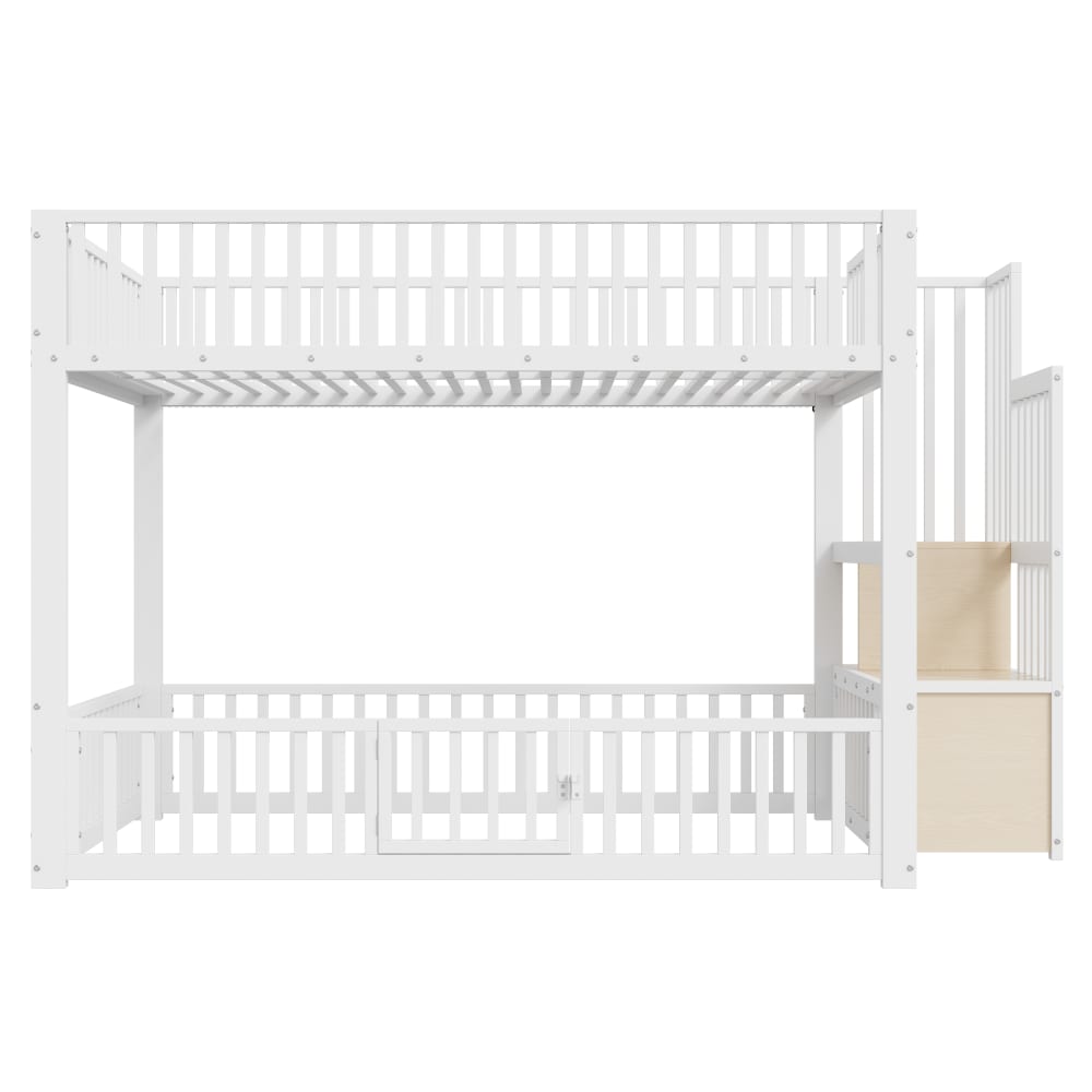 Niedriges Etagenbett LED mit Stauraumtreppe weiß 140x200 cm -