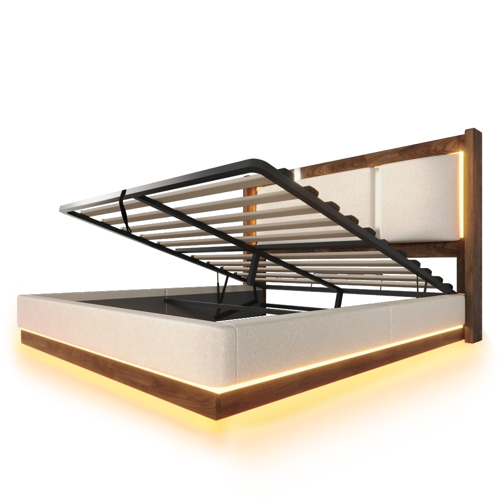 Lit tapissier double en lin beige + noyer 140x200cm