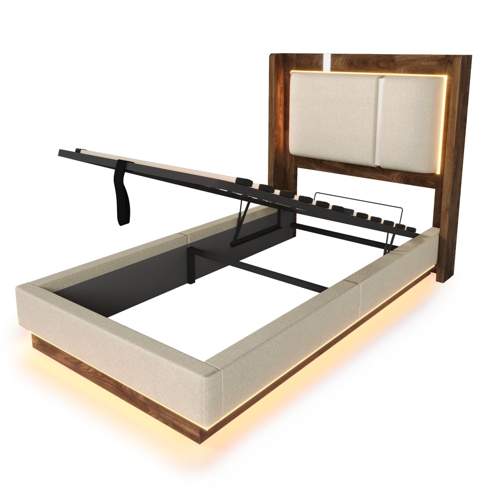 Lit tapissier en lin beige + noyer 90x200cm