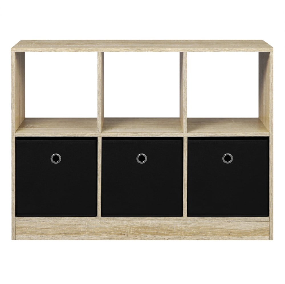 REDOM Regal aus Holzwerkstoff mit 3 Stoffboxen 80x30x61cm, Eiche/Schwarz Beige Spanplatte