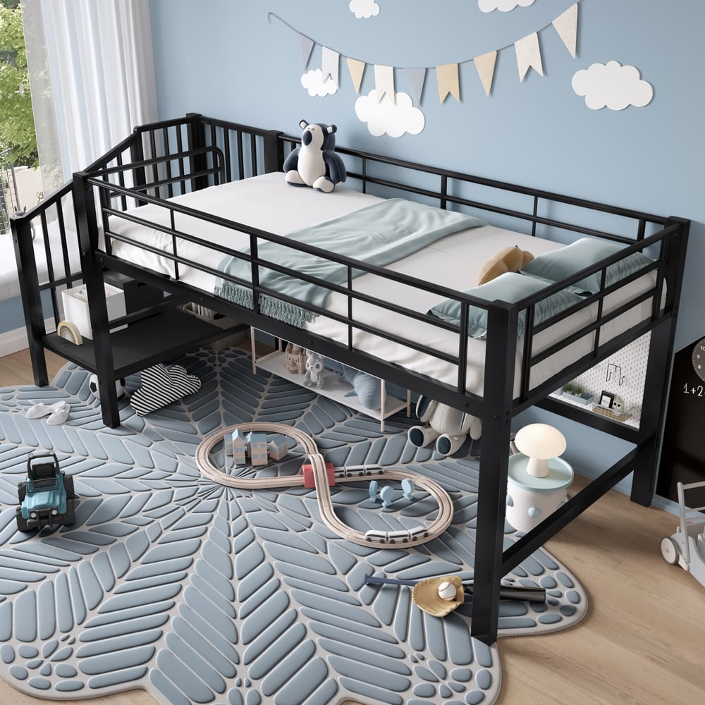 Halbhohes Bett mit Stauraumtreppe schwarz 90x200 cm - Maisons Du