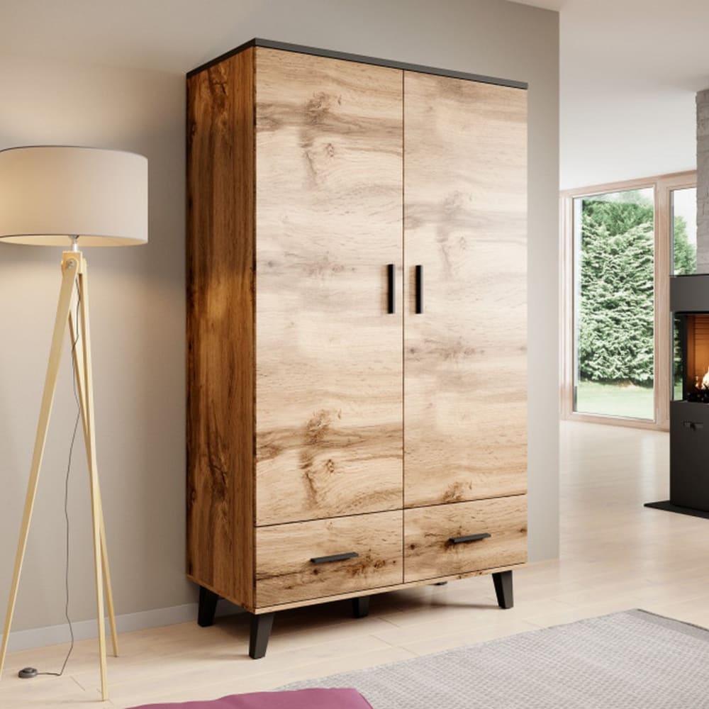 Kleiderschrank in Wotan-Eiche und Mattschwarz, 110 × 190 cm -