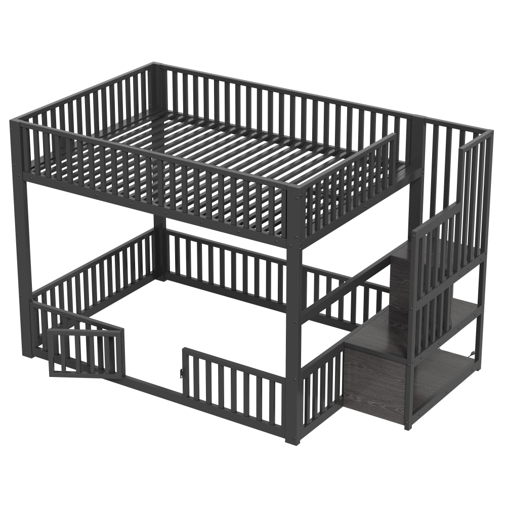 Lit superposé bas LED avec escalier rangement noir 140x200 cm