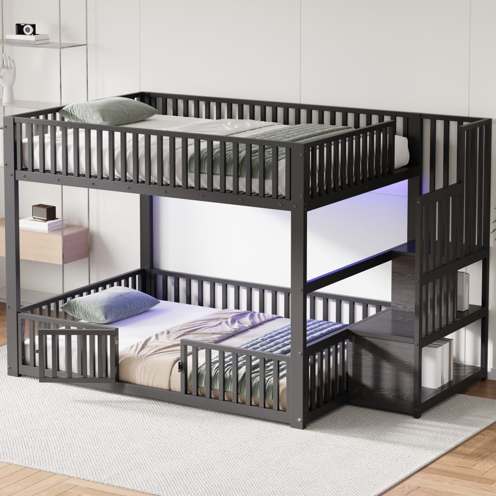Niedriges Etagenbett LED mit Stauraumtreppe schwarz 140x200 cm -