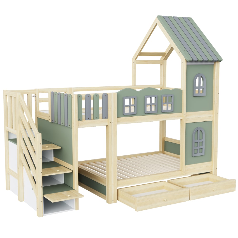 Lit superposé maison nuage avec rangements vert 90x200 cm