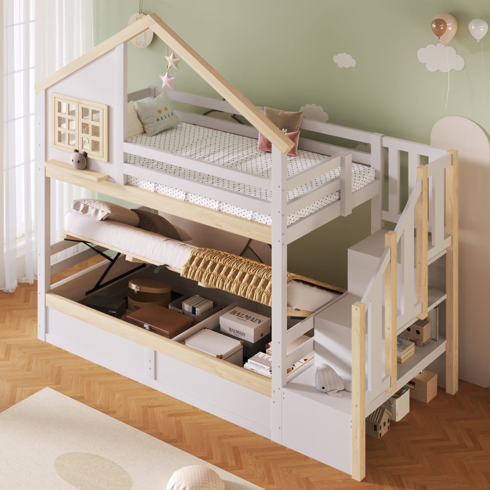 Etagenbett Haus mit Hydraulikstauraum weiß natur 90x200 cm -